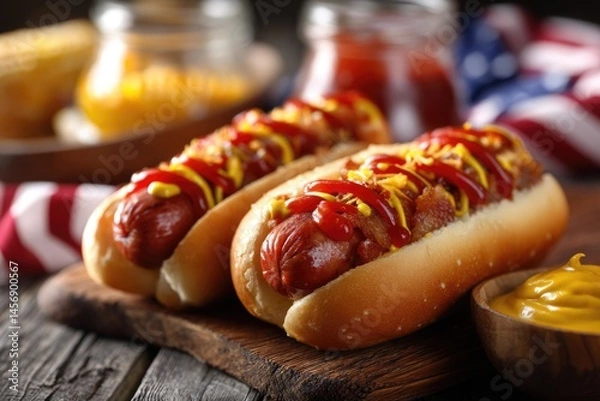 Fototapeta 4th of July hot dogs with ketchup and mustard on wood background 