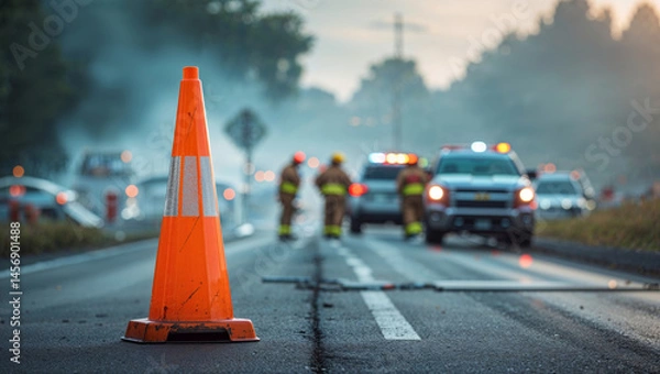 Fototapeta An orange traffic cone on the road with emergency services responding to an accident.