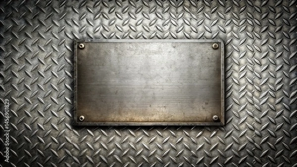 Fototapeta Rustic Metal Plate Affixed to a Diamond Plate Background, Ideal for Industrial Designs and Textures