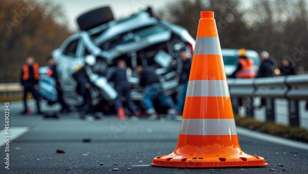 Fototapeta A roadside traffic cone highlights the chaos of a car accident on a busy highway.