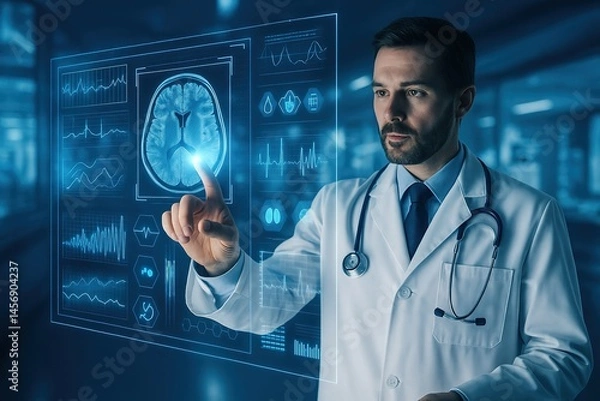 Obraz Doctor Using Advanced Medical Technology: A focused male doctor wearing a white coat uses a futuristic touchscreen interface displaying medical data, including a detailed brain scan.
