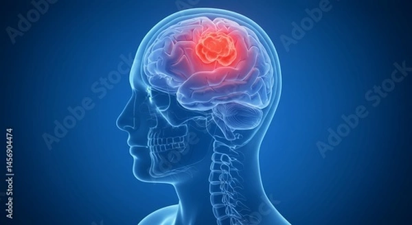 Obraz Medical 3D Render of Human Skull and Brain with Red Brain Tumor on Blue Background