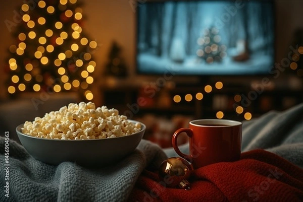 Obraz Movie Night: A bowl of buttery popcorn sits invitingly next to a mug of warm cocoa