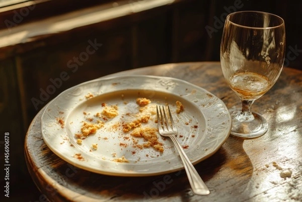 Obraz Crumbs and leftovers on plate with fork and empty dessert wine glass indicate end of tasty meal