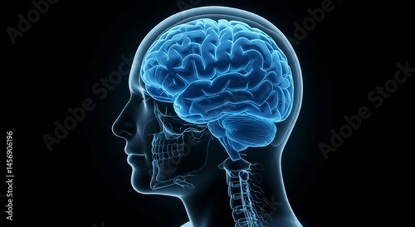 Obraz Blue Brain X Ray Profile Digital Rendering on Black Background
