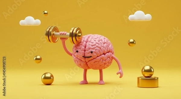 Fototapeta Pink Brain Character Lifts Golden Dumbbell in a Bright Yellow 3D Render with Clouds and Golden Spheres