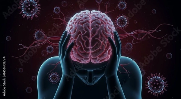 Fototapeta Dramatic Surreal Illustration of Distressed Person Pressing Hands on Anatomical Brain Model with Vascular Structures and Virus Like Spheres on Red Background