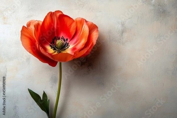 Fototapeta Vibrant red poppy blossom on a textured background, creating a serene and artistic composition with ample copy space