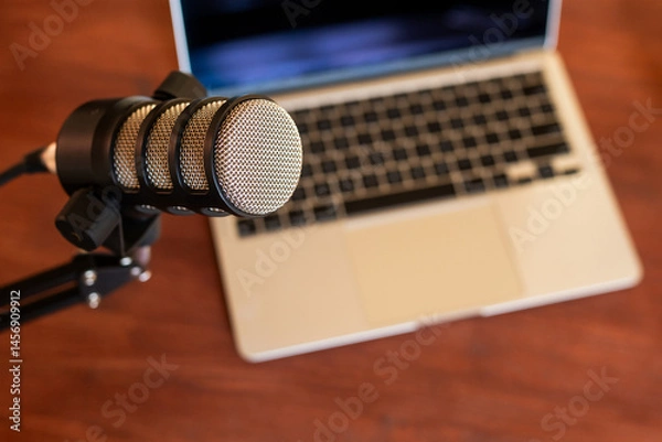 Fototapeta Recording a podcast interview during a training session for educational purposes at a workspace