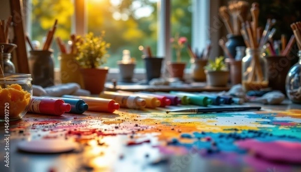 Fototapeta A colorful art studio table with markers, brushes, and scattered supplies, illuminated by natural sunlight through a window with plants.