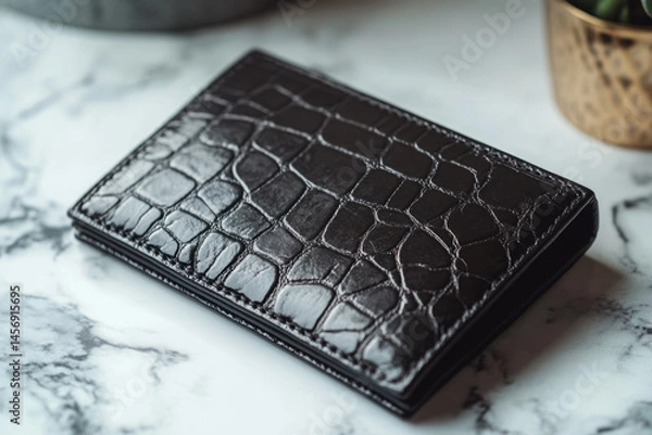 Fototapeta Stylish closed black alligator leather wallet on a marble surface, embodying luxury and sophistication