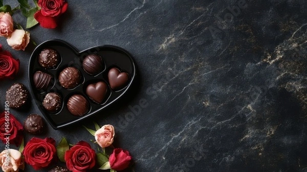 Fototapeta A heart-shaped box of assorted chocolates next to a bouquet of roses on a marble surface.