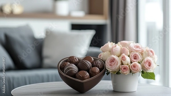 Fototapeta A heart-shaped box of assorted chocolates next to a bouquet of roses on a marble surface.