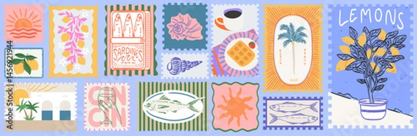 Fototapeta Summer in Amalfi or Sicily Italy. Vector illustration of postage stamps with image of sun, lemons, sardines, fish and breakfast in cafe for poster, placard print. Mediterranean vacation element.