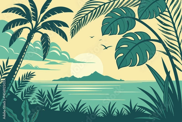 Fototapeta 10 Tropical sunset scene, stylized vector illustration, vibrant teal and green colors, palm fronds and monstera leaves, calm ocean, setting sun reflection, layered clouds, minimalist design, flat grap