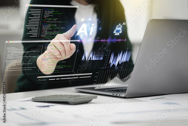 Obraz 홀로그램 스크린으로 생성형 AI 사용하는 여성의 손