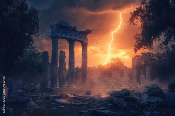Obraz Ancient ruins silhouetted against a dramatic, orange sky with a bright lightning strike, evoking a sense of mystery and timelessness.