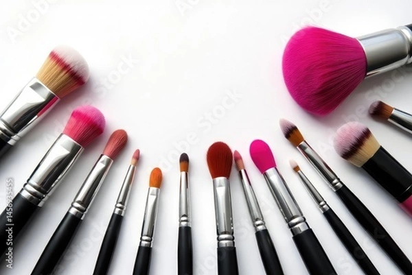 Fototapeta Assortment of makeup brushes on white backdrop, studio, eyeliner
