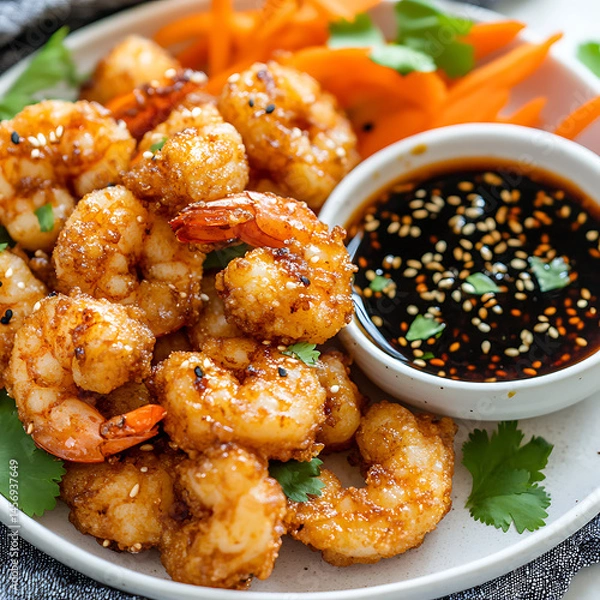 Obraz Golden Crispy Fried Shrimp with Soy Sauce and Fresh Garnish,crispy Fried Shrimp with Soy Sauce and Fresh Garnish,crispy shrimp tempura with light dipping sauce,illustrating a restaurant,Delicious,Ai