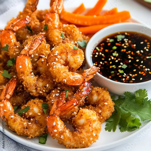 Obraz Golden Crispy Fried Shrimp with Soy Sauce and Fresh Garnish,crispy Fried Shrimp with Soy Sauce and Fresh Garnish,crispy shrimp tempura with light dipping sauce,illustrating a restaurant,Delicious,Ai