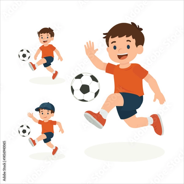 Obraz Cartoon boy playing soccer in dynamic running poses. Character set includes multiple editable positions with motion and expressions. Ideal for animation, motion design, and sports visuals. Part of set