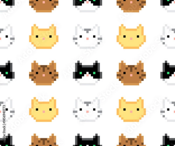 Fototapeta Cute pixel cats on white background. Seamless pattern, print, vector illustration