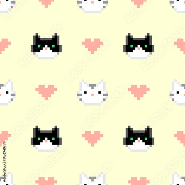 Fototapeta Cute pixel cats on a yellow background with hearts. Seamless pattern, print, vector illustration