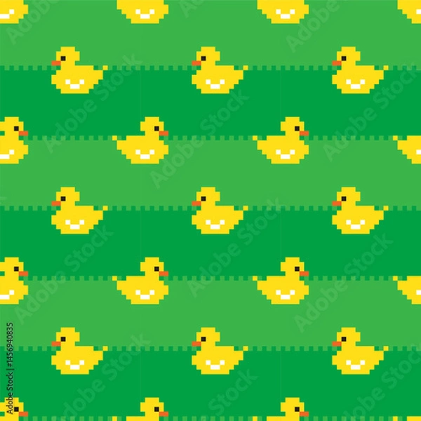 Fototapeta Cute yellow pixel ducklings on green grass background. Seamless pattern, print, vector illustration