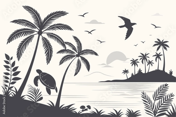 Fototapeta 11 Tropical beach silhouette, palm trees, sea turtles, sunset, ocean horizon, flying birds, exotic foliage, black and white illustration, minimalist design, symmetrical composition, tranquil scene, ve