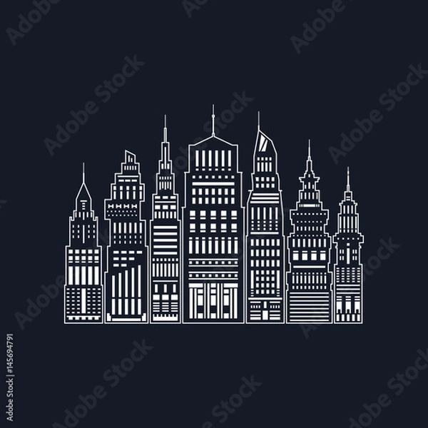 Fototapeta White Modern Big City on Black Background, Architecture Megapolis with Buildings and Skyscraper, City Financial Center in Line Style , Black and White Vector Illustration