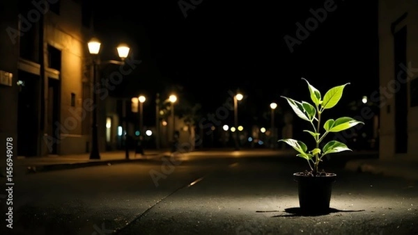 Obraz A small plant in a pot sits on a city street at night, illuminated by streetlights. The scene evokes themes of resilience, hope, and urban nature.
