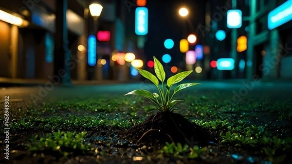 Obraz A resilient young plant sprouts from the city pavement at night, amidst blurred city lights, symbolizing urban nature and hope.