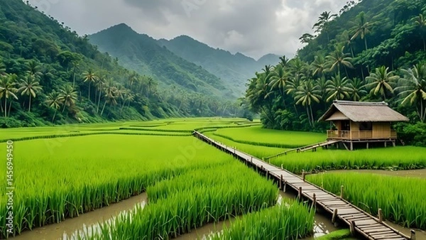 Obraz Serene Asian rice paddy landscape with wooden hut and walkway, lush greenery, and majestic mountains under a cloudy sky.