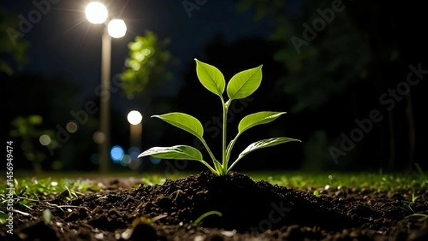 Obraz A young plant seedling emerges from dark soil at night, illuminated by a streetlight in the background, symbolizing growth, hope, and resilience.