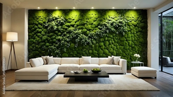 Obraz Modern living room interior design featuring a stunning moss wall, white sectional sofa, and elegant coffee table. Luxurious and eco-friendly home decor.