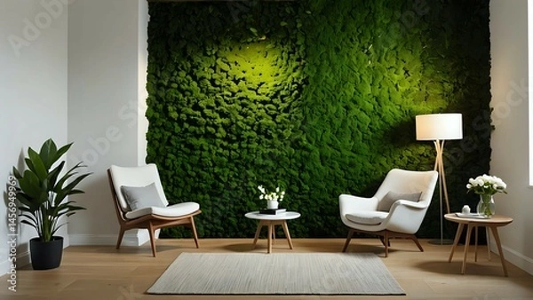 Obraz Modern living room interior with a stunning moss wall, two comfy armchairs, a coffee table, a floor lamp, and potted plants. Creating a serene and calming atmosphere.
