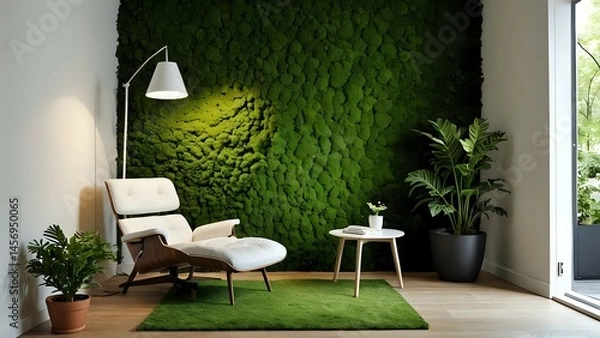 Obraz Relaxing modern living room interior with a moss wall, armchair, and plants. Perfect for wellness, tranquility, and biophilic design concepts.