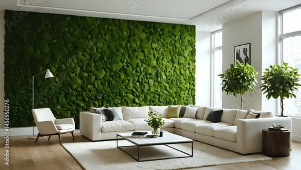 Obraz Modern living room interior with a stunning moss wall, white sectional sofa, and stylish decor.  Perfect for showcasing home design, interior decor, and eco-friendly living.