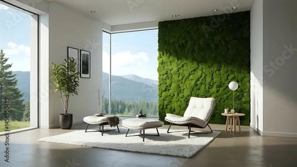 Obraz Serene living room with moss wall, modern furniture, and mountain view. Ideal for relaxation and tranquility.