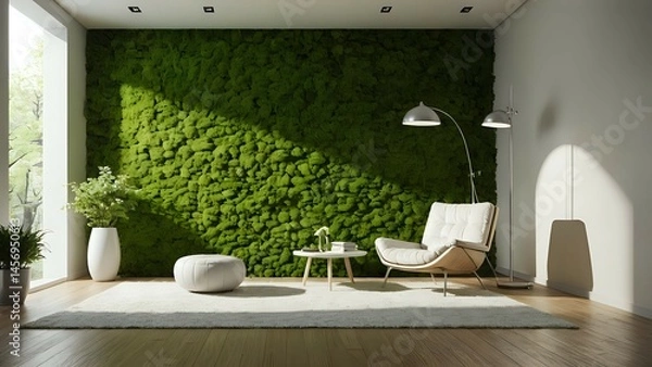 Obraz Modern living room interior design with a stunning moss wall, featuring a comfortable armchair, floor lamp, and plush rug.  Perfect for relaxation and tranquility.