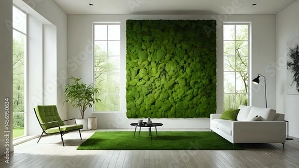 Obraz Modern living room interior design with a large preserved moss wall, green armchair, white sofa, and green carpet.  Bright natural light streaming through large windows.