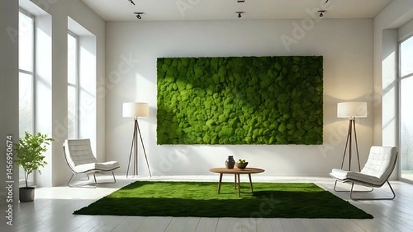 Obraz Modern living room interior design featuring a large moss wall, green rug, white armchairs, and wooden tripod lamps, creating a serene and eco-friendly atmosphere.