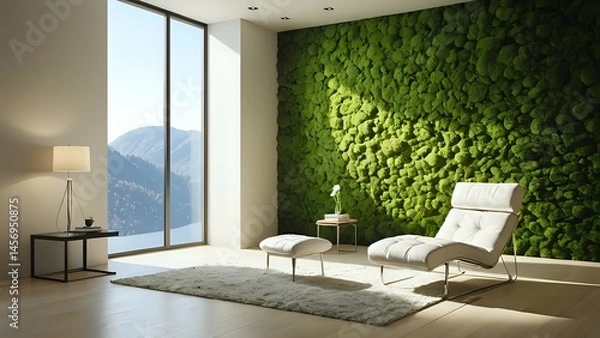 Obraz Modern minimalist living room with a moss wall, white chaise lounge, and mountain view. Perfect for relaxation and tranquility.