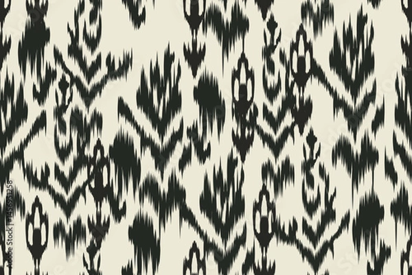 Obraz Seamless abstract ikat pattern in black and beige, ethnic tribal textile design, traditional Indonesian fabric, boho home decor background, grunge zigzag motif vector.