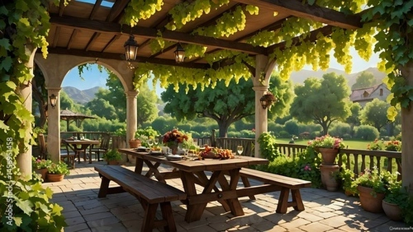 Obraz Idyllic outdoor dining setting; rustic wooden table, benches beneath a vine-covered pergola, overlooking a picturesque landscape bathed in warm sunlight.