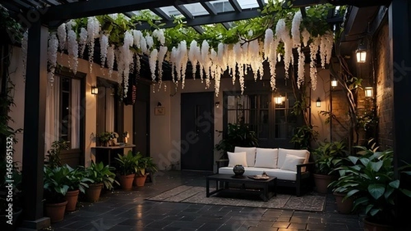Obraz Serene evening patio scene with a pergola draped in white wisteria, comfortable seating, and ambient lighting. Perfect for relaxation and tranquility.