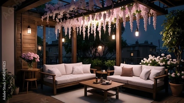 Obraz Serene nighttime patio scene with wooden furniture, soft lighting, and beautiful wisteria hanging from a pergola. Perfect for relaxation and tranquility.