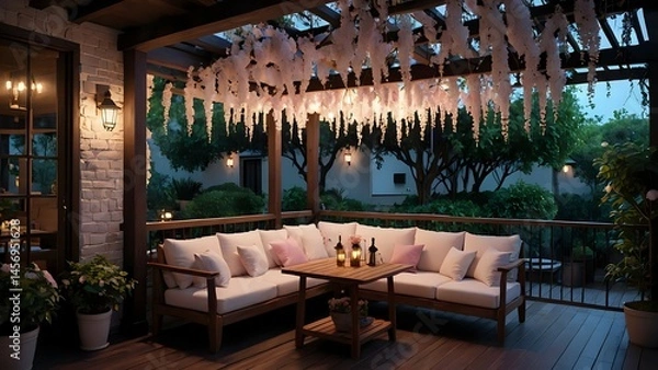 Obraz Serene evening patio scene with a wooden sectional sofa, illuminated by warm lights under a pergola adorned with faux wisteria. Perfect for relaxation and outdoor living.