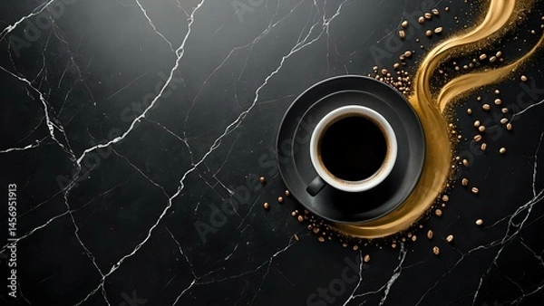 Obraz Luxurious black coffee on dark marble, gold accents, coffee beans. Elegant, sophisticated drink image perfect for menus or advertising.