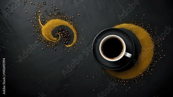 Obraz Luxurious black coffee cup with gold coffee beans and powder swirls on dark background.  Aromatic and elegant image perfect for coffee brands or sophisticated publications.